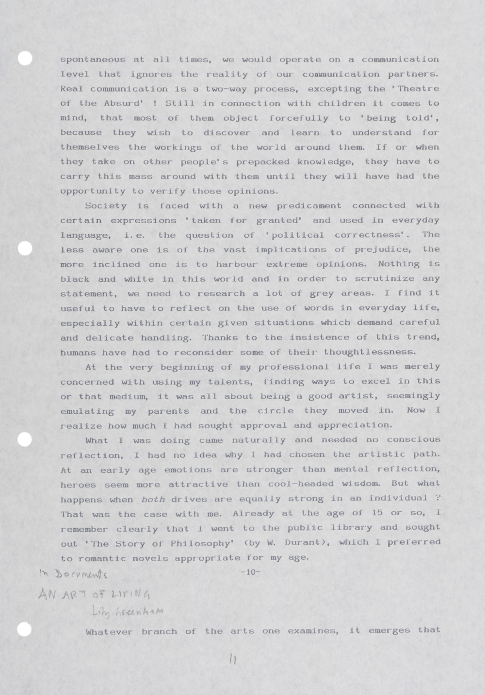 <p><em>An Art of Living</em> (1994/95), published in Spanish translation as <em>Un Arte de Vivir</em> in <em>Inventario</em> 5 (1995)<br />
[GREE/2/060]<br />
<br></p>