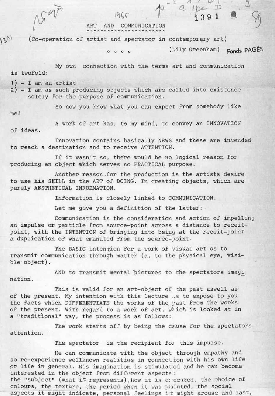 <p><em>Art and Communication (Co-operations of artist and spectator in contemporary art</em>, lecture script (1965)<br />
[Bibliothèques d’Université Paris Cité, Boulogne]<br />
<br></p>