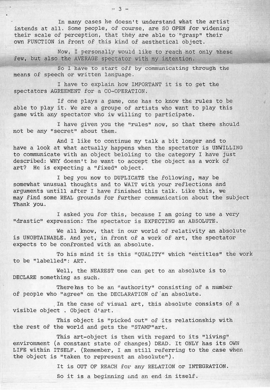 <p><em>Art and Communication (Co-operations of artist and spectator in contemporary art</em>, lecture script (1965)<br />
[Bibliothèques d’Université Paris Cité, Boulogne]<br />
<br></p>