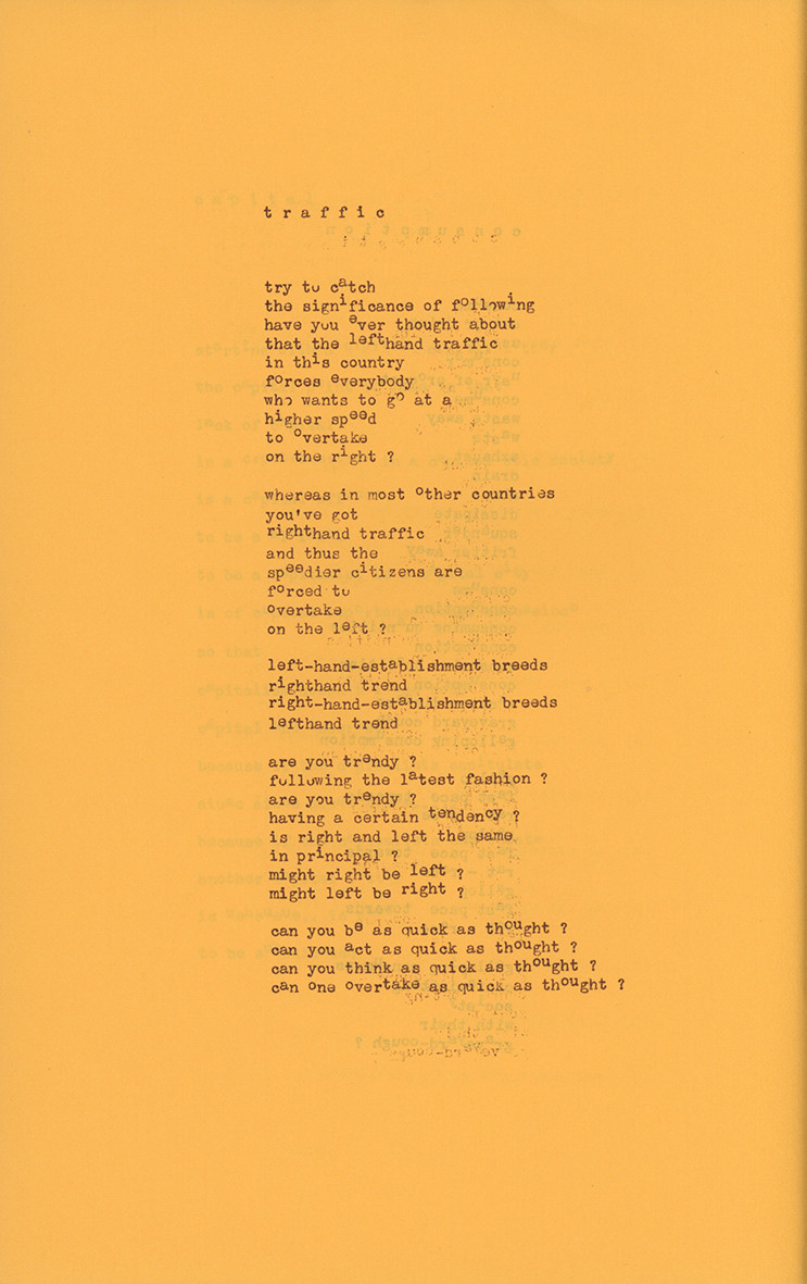 <p><em>Tune in to Reality!</em> (1974), <em>traffic</em><br />
[GREE/2/026]<br />
<br></p>